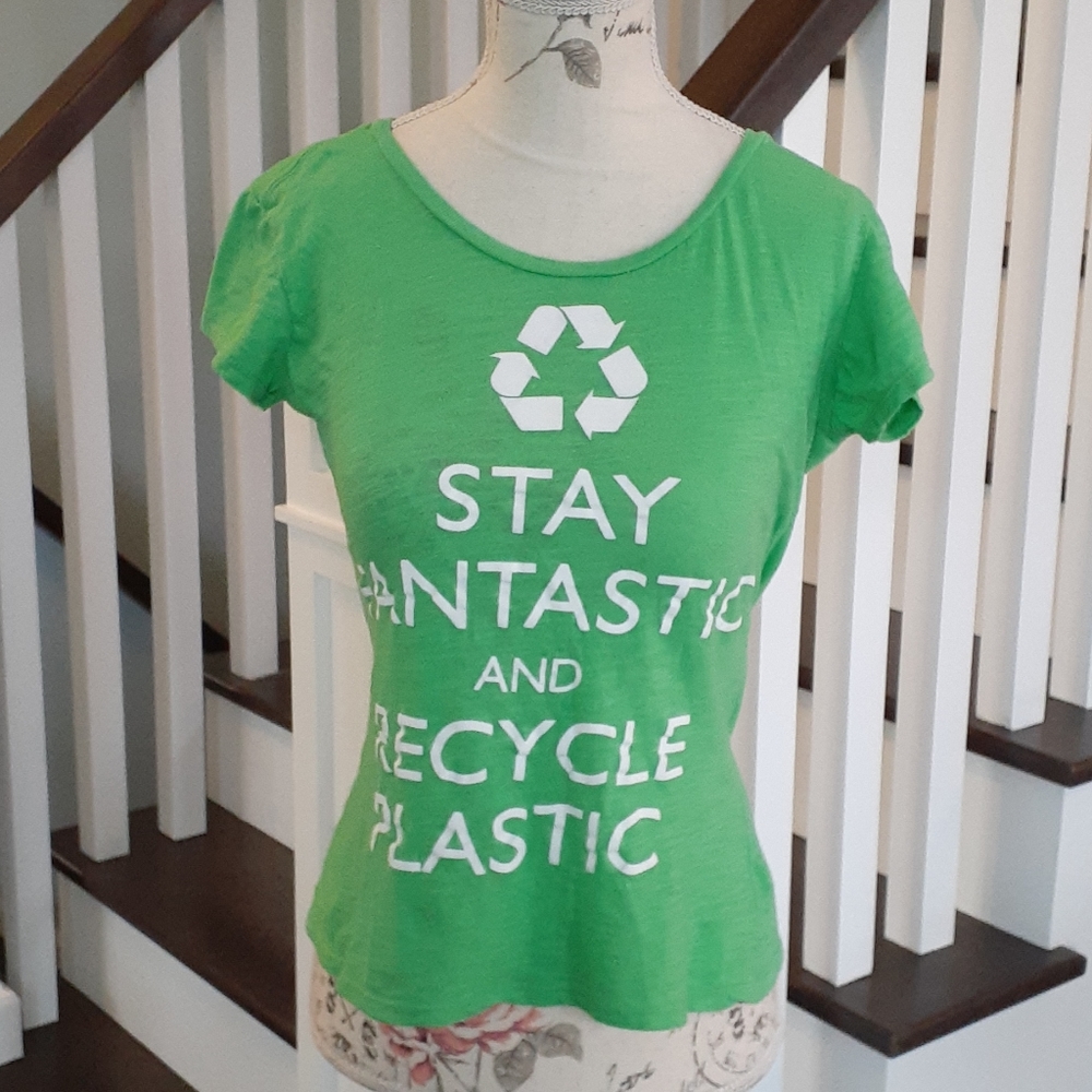 % 3 shirts: Green recycle t, striped tank + palm top